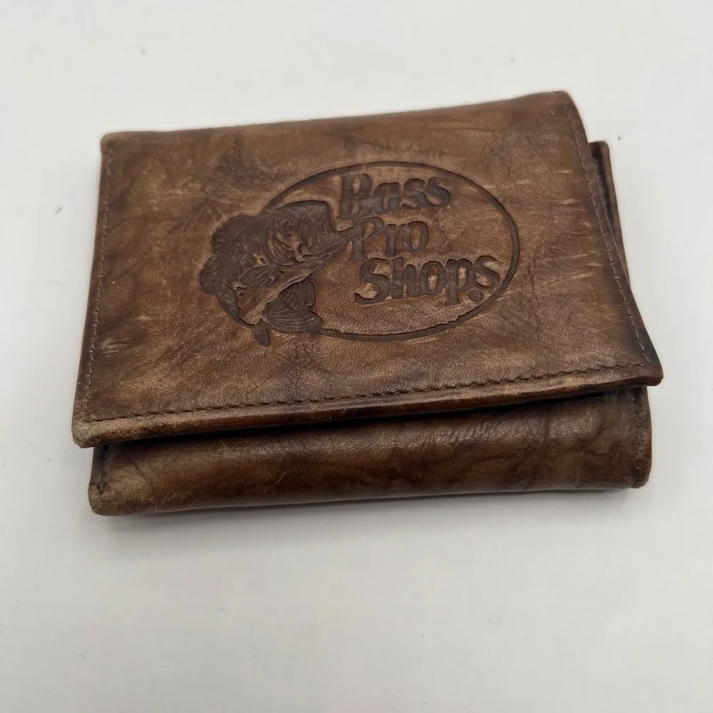 Bass Pro Shops Mens Trifold Wallet Genuine Leather Brown Embossed Logo Fish